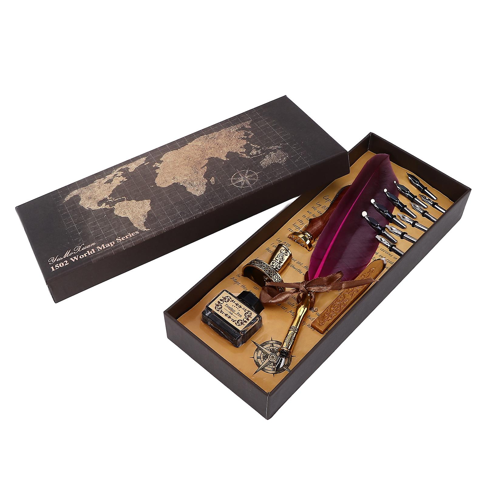 Retro Rose Red Calligraphy Pen with 1-5mm Flat Nib, Feather Ink Set