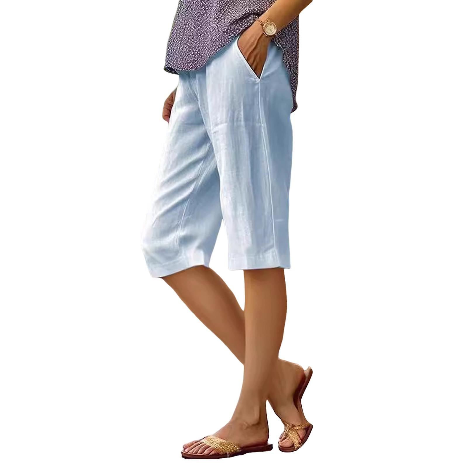 Fianao Casual Shorts with Large Side Pockets Elastic Waist Straight Wide Leg Knee-Length Pants Solid