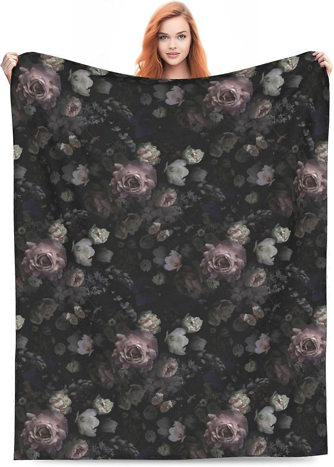 Svart gotisk blommig filt Presenter för kvinnor Retro Blomma Bloosom Rustik Ros Akvarell Pion Vintage Boho Kasta Filtar för Rum Sängkläder Soffa Dekor