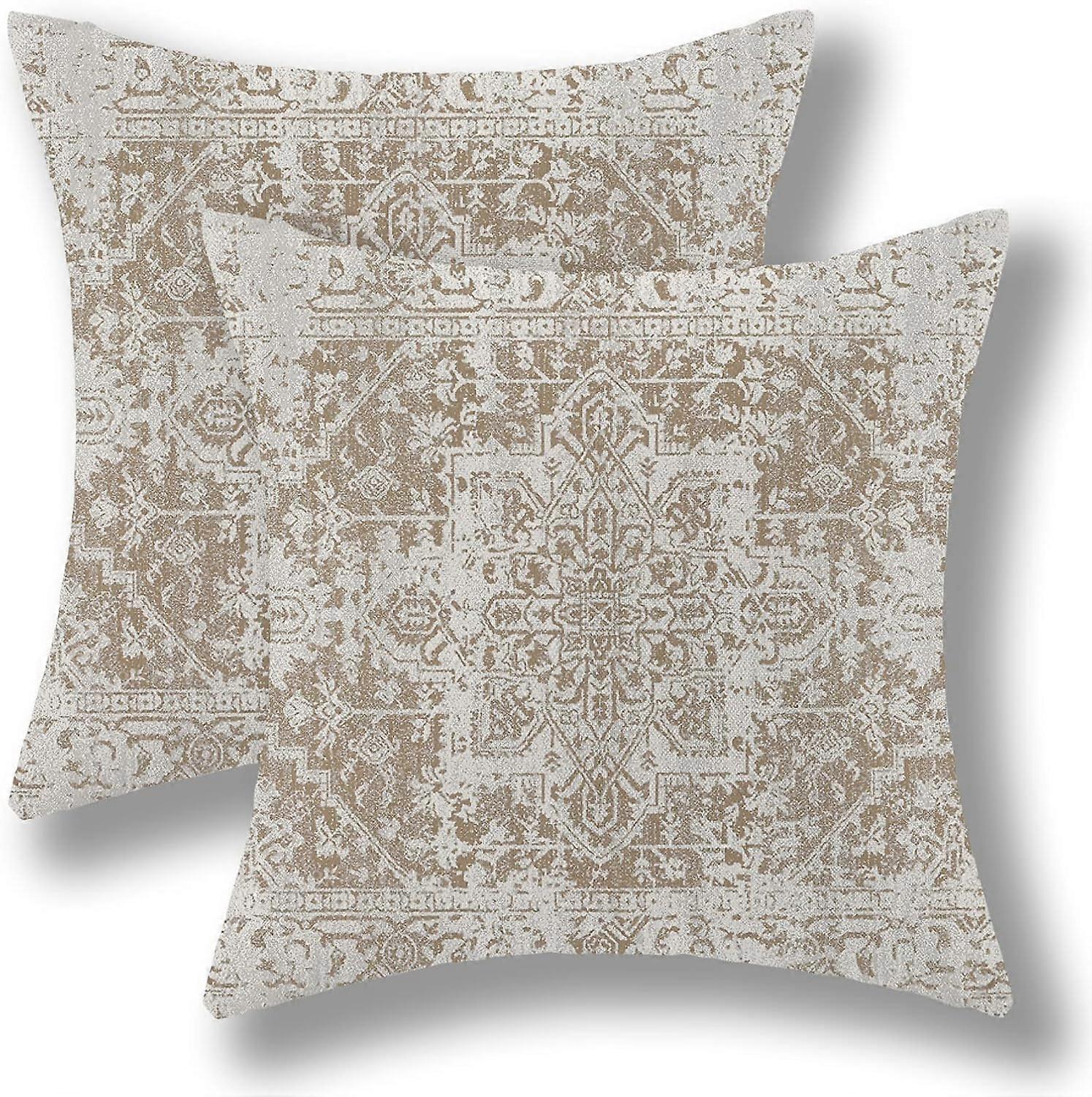 Boho Pillow Covers 18x18 Set of 2, Beige Brown Bohemian Farmhouse Decorations Throw Pillow Covers Ethnic Carpet Pattern Outdoor Decorative Linen Cushi