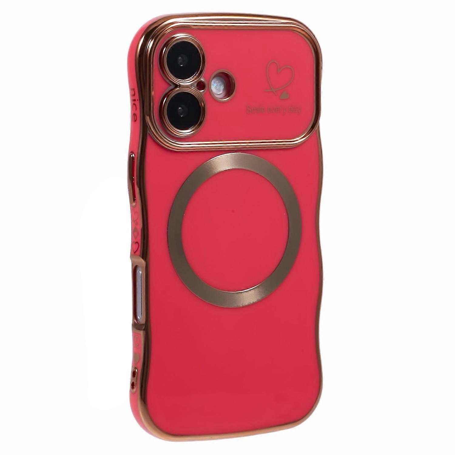 For iPhone 16 Plus Magnetic Case Electroplating Curly Frame TPU Phone Cover Large Window - Red