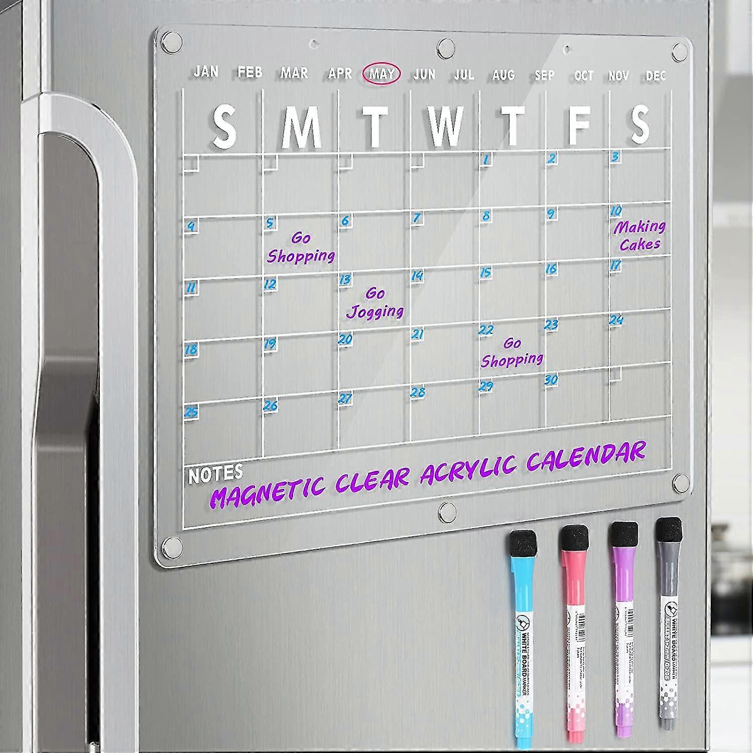 לוח מחיק יבש אקרילי מגנטי לוח שנה למקרר, 16.5x12" אינץ 'לוח שנה למחיקה יבשה שקופה למקרר, לוח תכנון מגנטי כולל 4