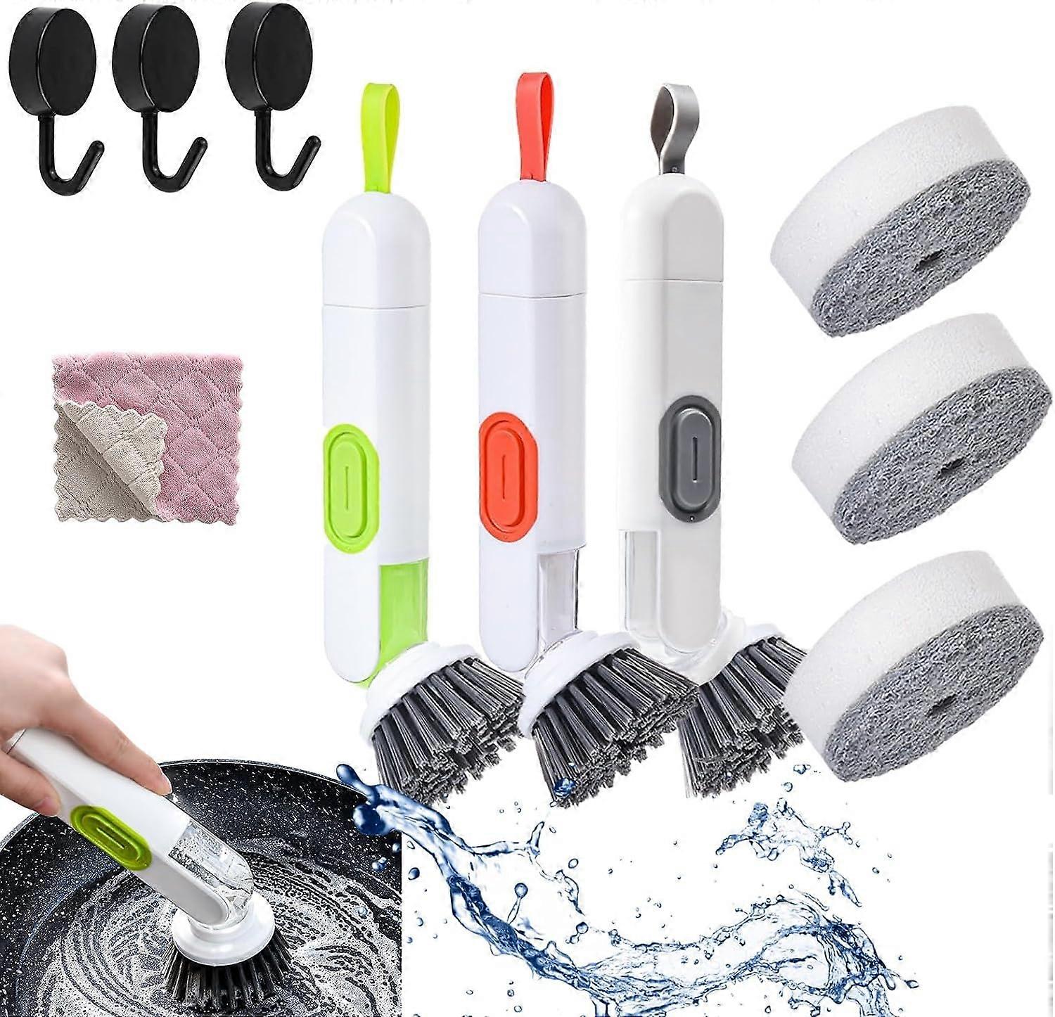 Multi-Functional Long-Handle Liquid-Filled Cleaning Brush,Automatic Adding Liquid Long Handle Hydraulic Brush for Kitchen with Replaceable Brush (Red+
