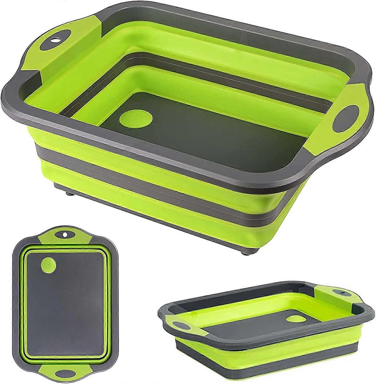 Foldable Multi-Function Cutting Board with Built-in Colander Portable Collapsible Plastic Silica Gel Folding Kitchen Board Fruit Vegetable Drainer Bas