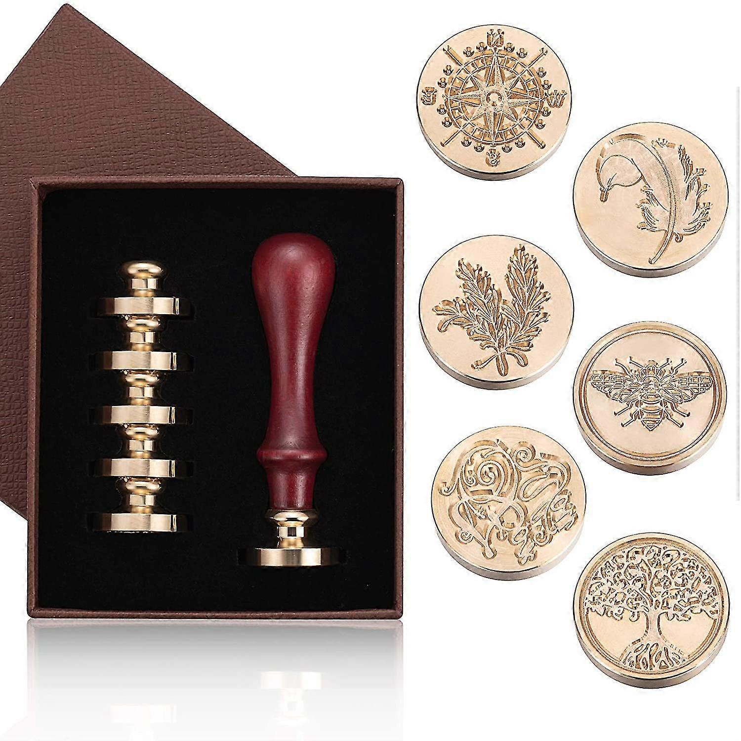 Wax Seal Stamp Set,6 Pcs Sealing Wax Copper Seals 1 Wooden Handle