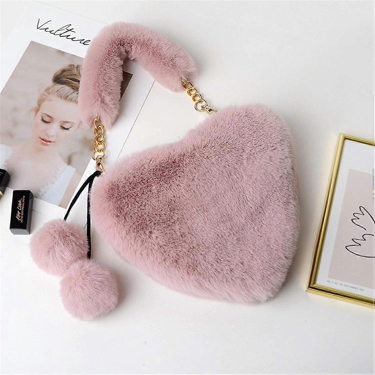 Fashion Heart Bag Heart Shape Fluffy Faux Rabbit Fur Bag Tote Bag Autumn Winter Women's Bag Plush Heart Bag (Dark Pink)