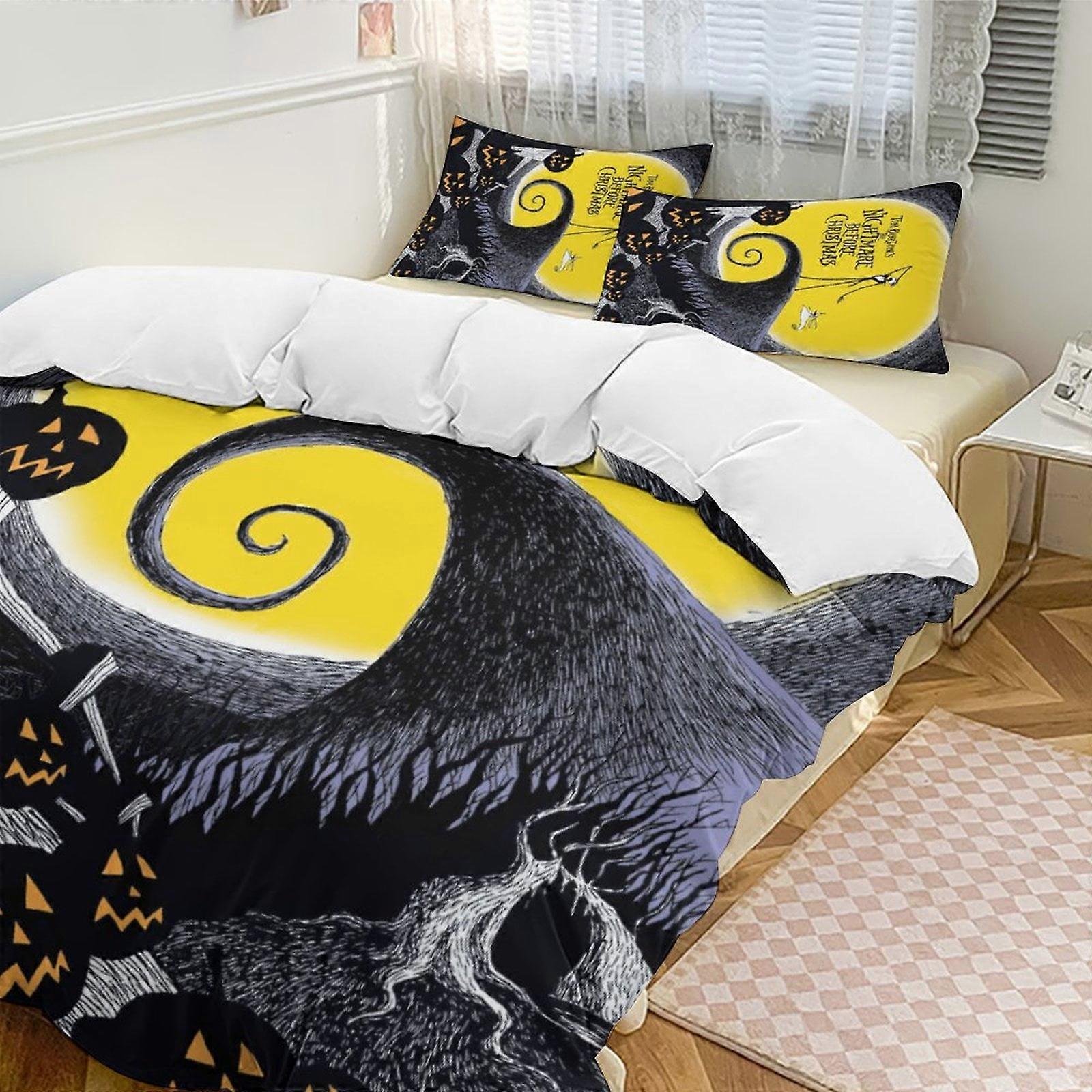 v7057  Bed Sheets Bedding Yellow Moon Jack The Nightmare Before Christmas Comforter Set Soft 3 Pcs Twin Bedding Sets Thicken for All Season, 1 Comfort