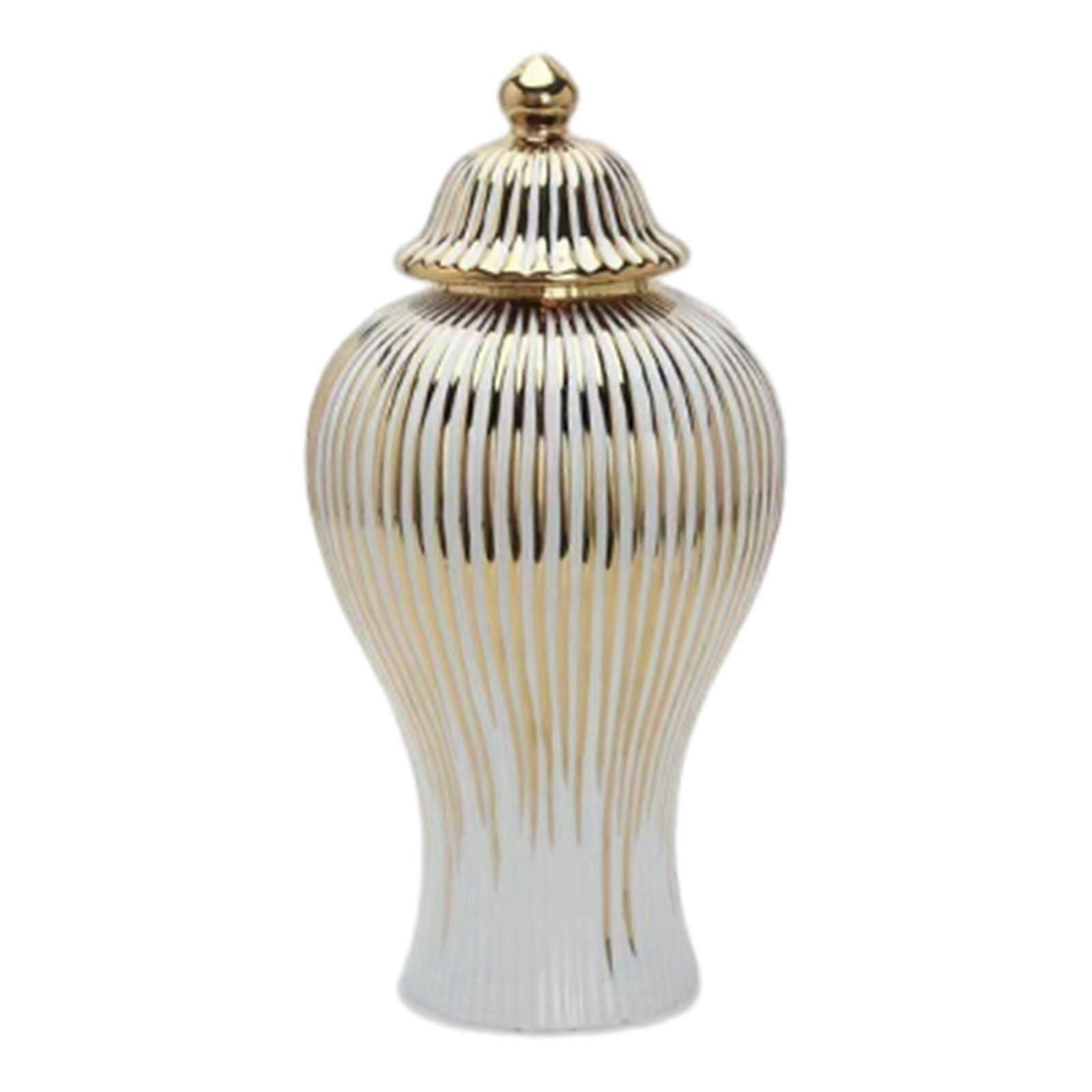 Porcelain Ginger Jar Chinese Ceramic Vase for Desktop Bookshelf Dining Table White and Gold