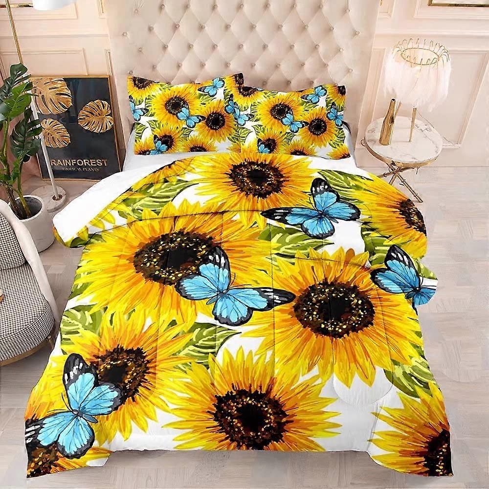 Solros och fjärilstäcke set drottning, 3D-utskrift Snygg inredning pastoral blomma blommor sängkläder ultra mjuk lätttvättad mikrofiber sängkläder för K