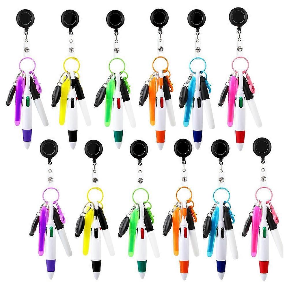 72 Pcs Badge Reel Pen Retractable -Pens Set with Mini Highlighter Permanent Marker Pen LED Flashlight