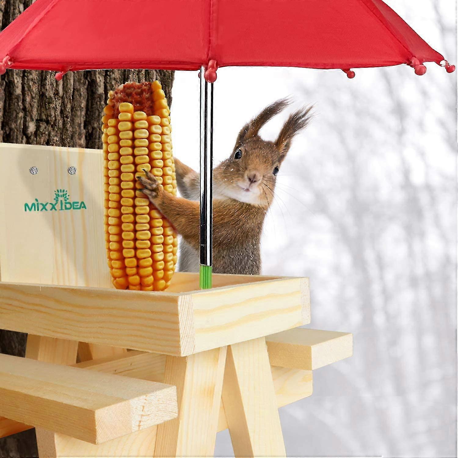 NCONCO Squirrel Feeder, Wooden Picnic Table With Umbrella & Corn Cob Holder, Easy To Fill Peanuts & Nuts, Ideal For Squirrel Lovers