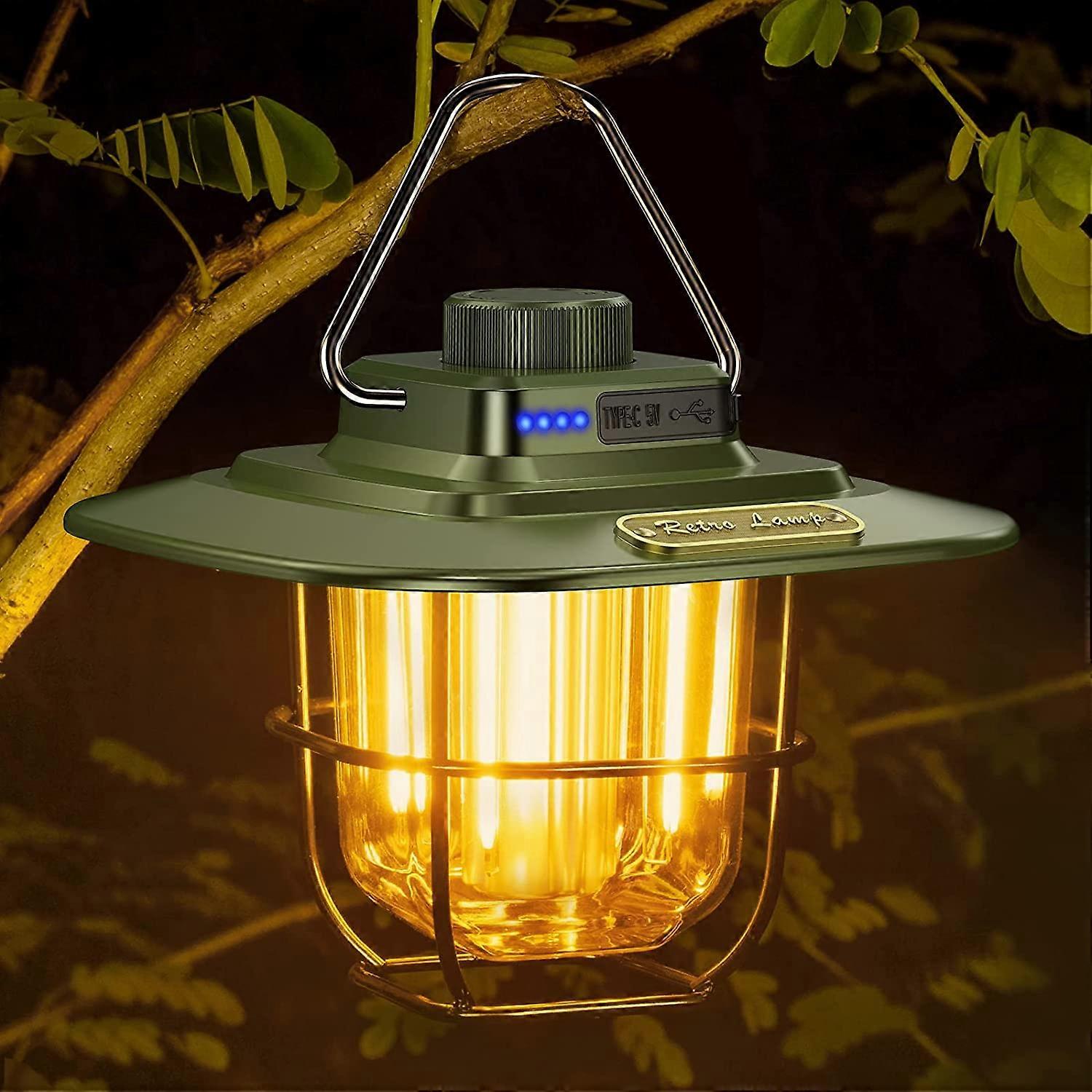 Green Rechargeable Camping Lamp Retro LED Camping Light USB Rechargeable C-Light Hot&Natural,Continuous Dimming,Bright 13H+Autonomy,Portable Waterproo