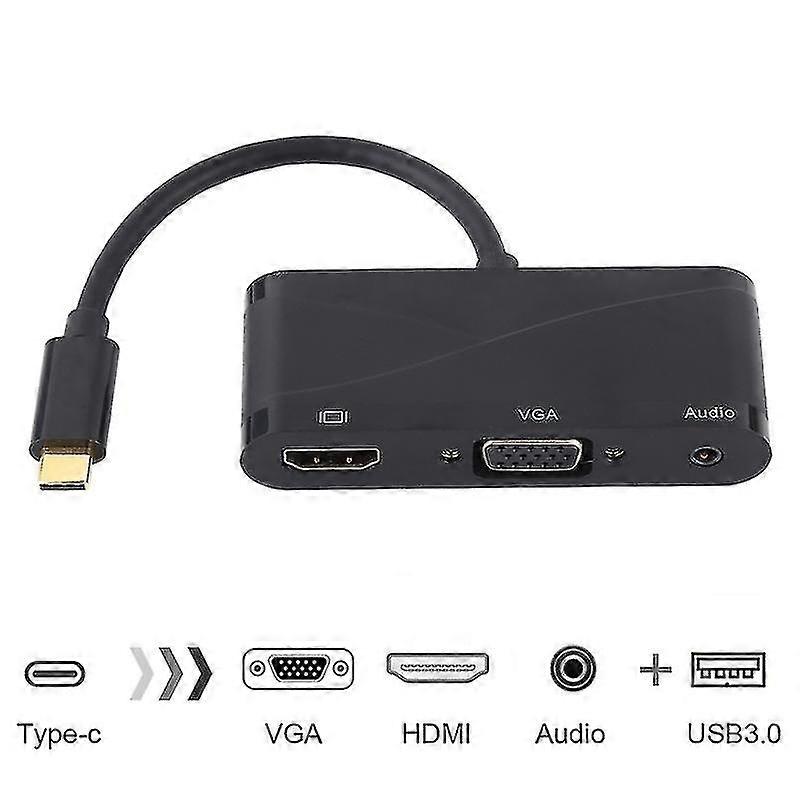 منفذ USB 2.0 + منفذ صوت + Vga + محول محور HDMI إلى Usb-c / Type-C (أسود)