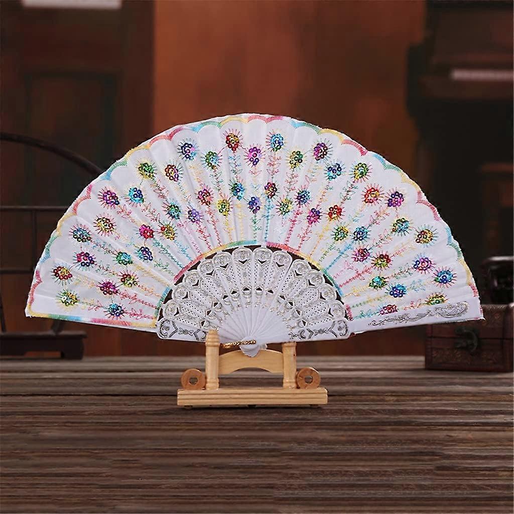 Dance Fan Peacock Pattern Folding Hand Held Embroidered Fan,1pack