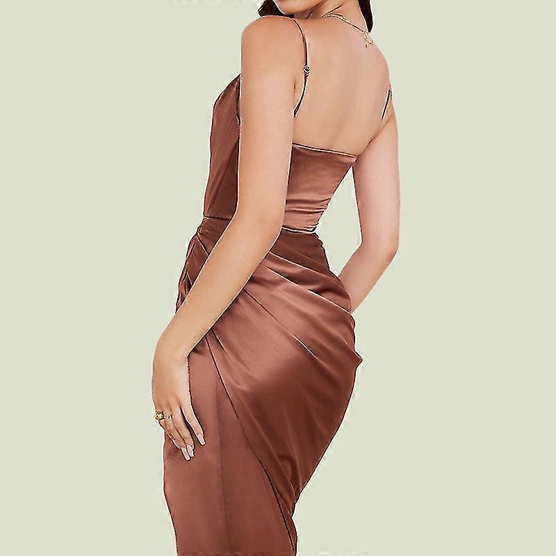 Sleeveless Strap Satin Wedding Guest Party Pleated Backless Slip Irregular Dresses For Women(brown)