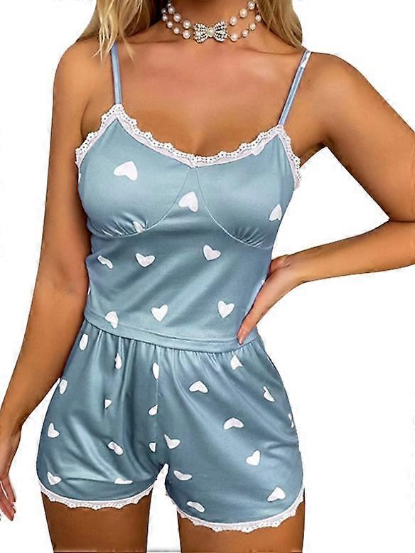 Women's Two-Piece V-Neck Suspender Lace Lace Printed Top and Shorts Pajama Set