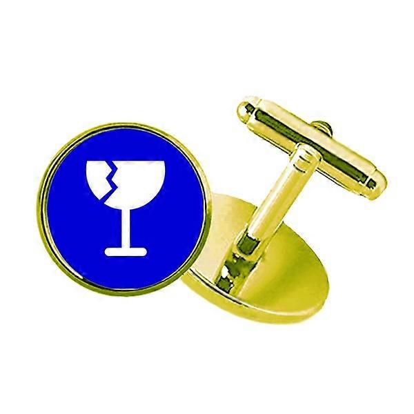 Fragile Blue Square Warning Mark Studded Business Metal Cufflinks Golden