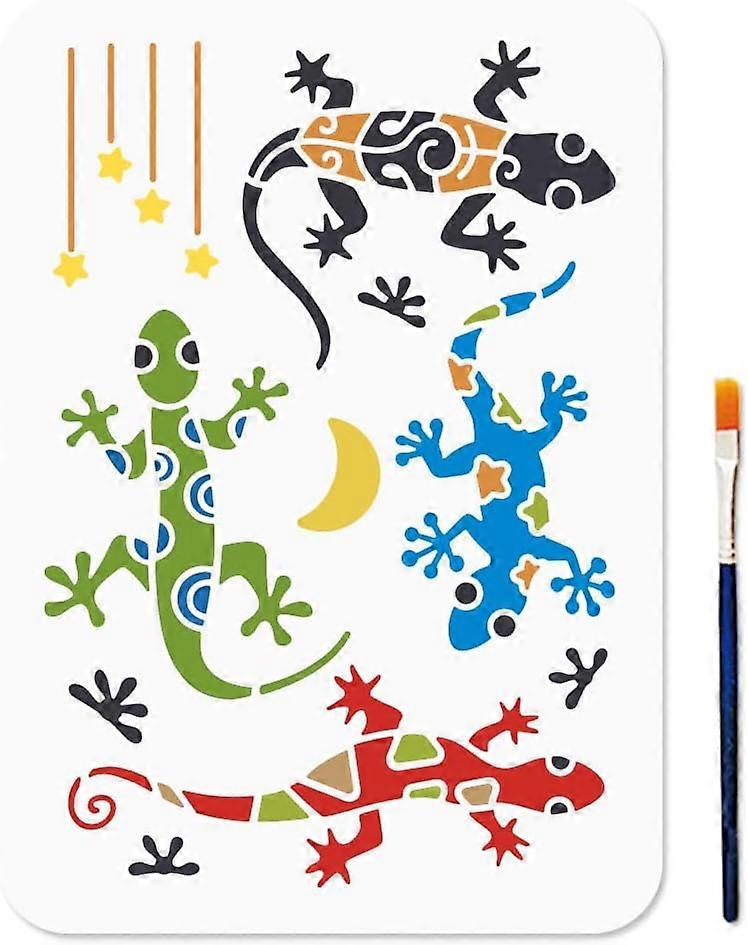 A4 Lizard Stencil Reptile Animal Template 11.7x8.3inch Reusable Gecko Drawing Stencil with Paint Brush Moon Star Animal Template for Painting on Wood 