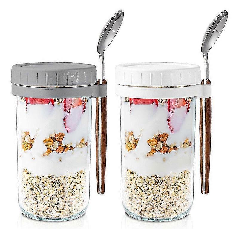 뚜껑과 숟가락이 있는 하룻밤 귀리 용기: 하룻밤 귀리용 24온스 메이슨 항아리 -2pcs 유리 식품 저장 용기