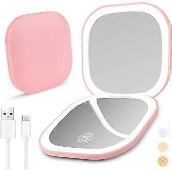 Miroir compact loupe avec lumière, miroir de maquillage de voyage rechargeable USB 1X/3X avec 24LEDs dimmable, présent pour les femmes - rose