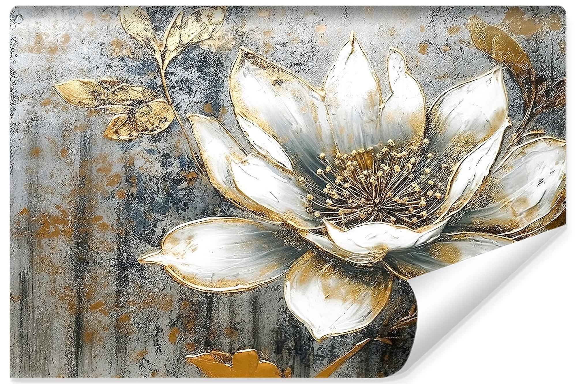 Fotomural Flores blancas Elementos abstractos de hormigón Pared dorada