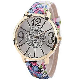Femmes Imprimé Floral PU Strap Montre Grand Cadran Alliage Quartz Montre-bracelet (Bleu)