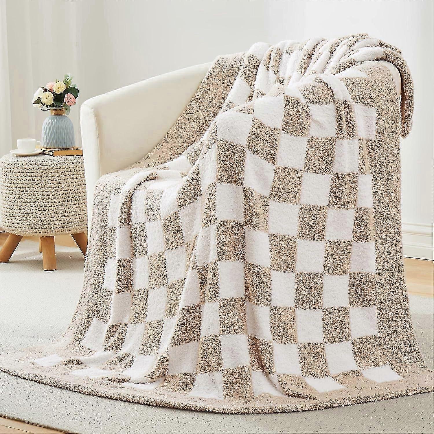 unique Checkered Throw Blanket, Beige Throw Blanket Super Soft Plaid Throw Blanket