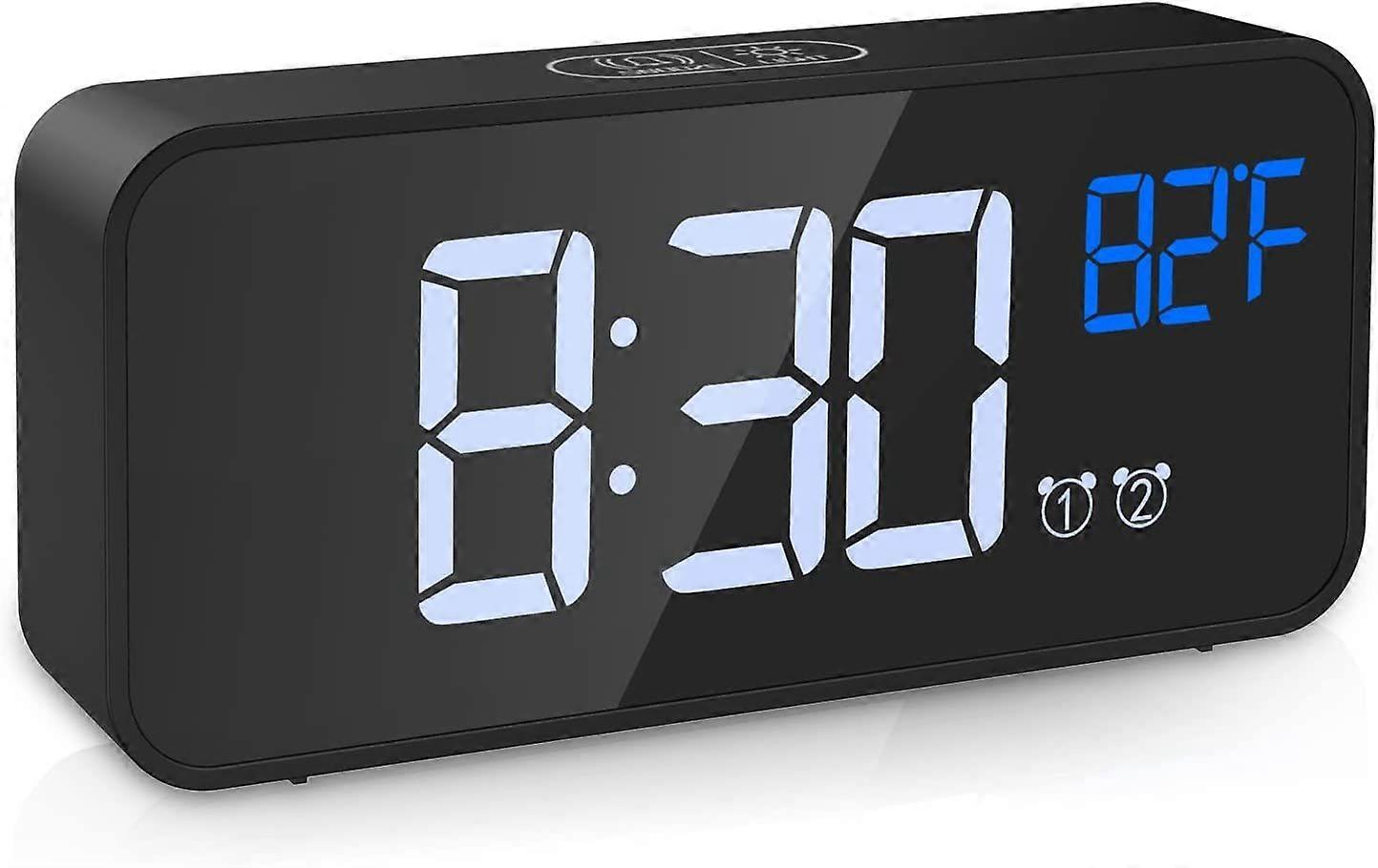 Digital Alarm Clock, 6'' LED Mirror Electronic Clock, Desk Clock with Voice Control, Dual Alarms, Snooze, 4 Adjustable Brightness, USB Charging Port, 
