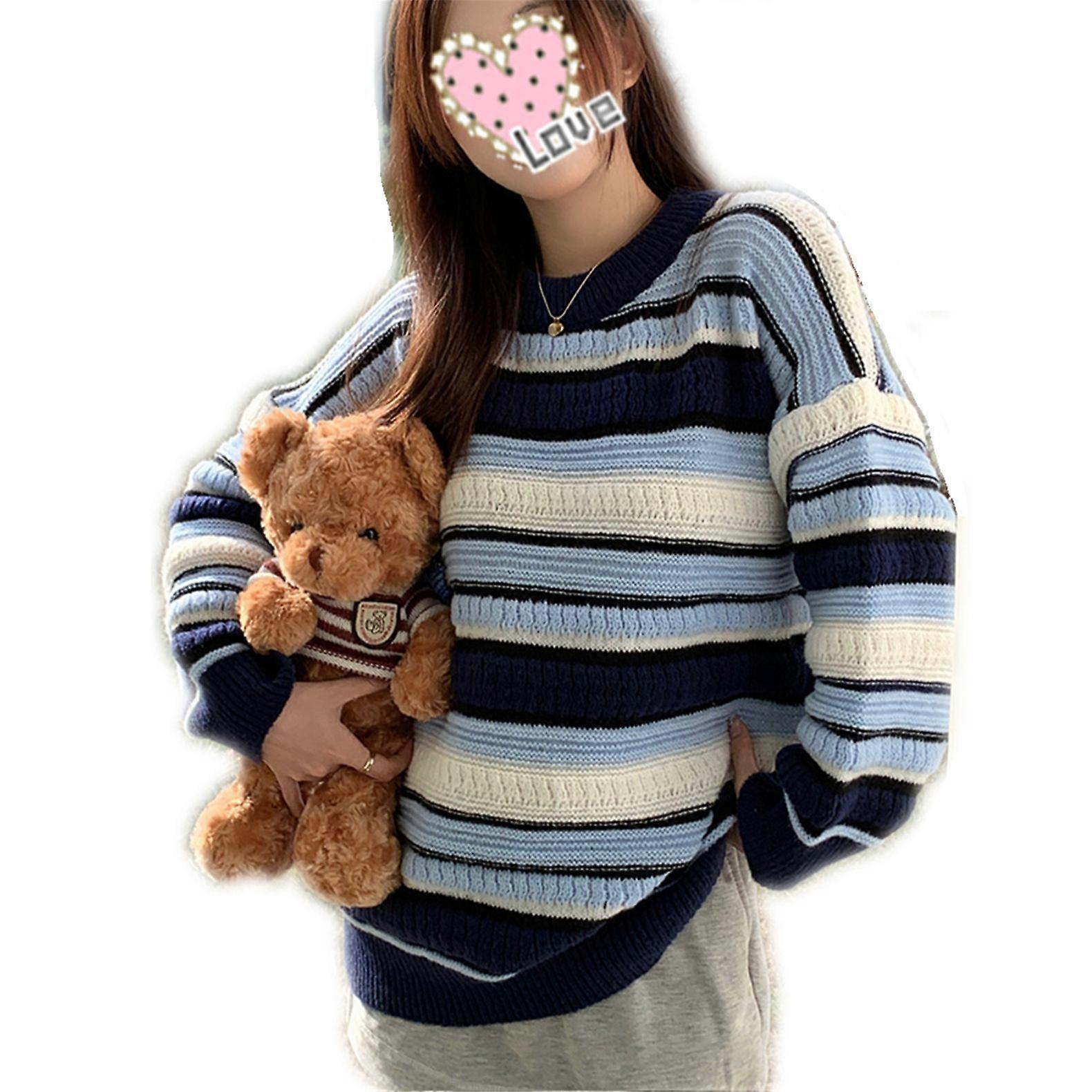 Damen Pullover Gestreifte Pullover Langarm Rundhalsausschnitt Farbblock Freizeitpullover Bluse Tops