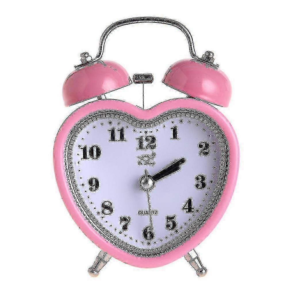 Love Heart-shaped Dual Bell Alarm Clock Mute With Night Light Desktop Clock 1 Pc Pink f74
