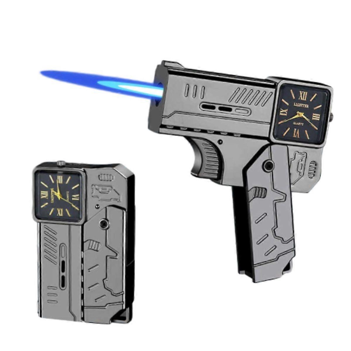 Transformable Pistol Lighter Keychain with Watch Design - Windproof Blue Flame Butane Refillable Lighter for Men's Outdoor EDC Gifts