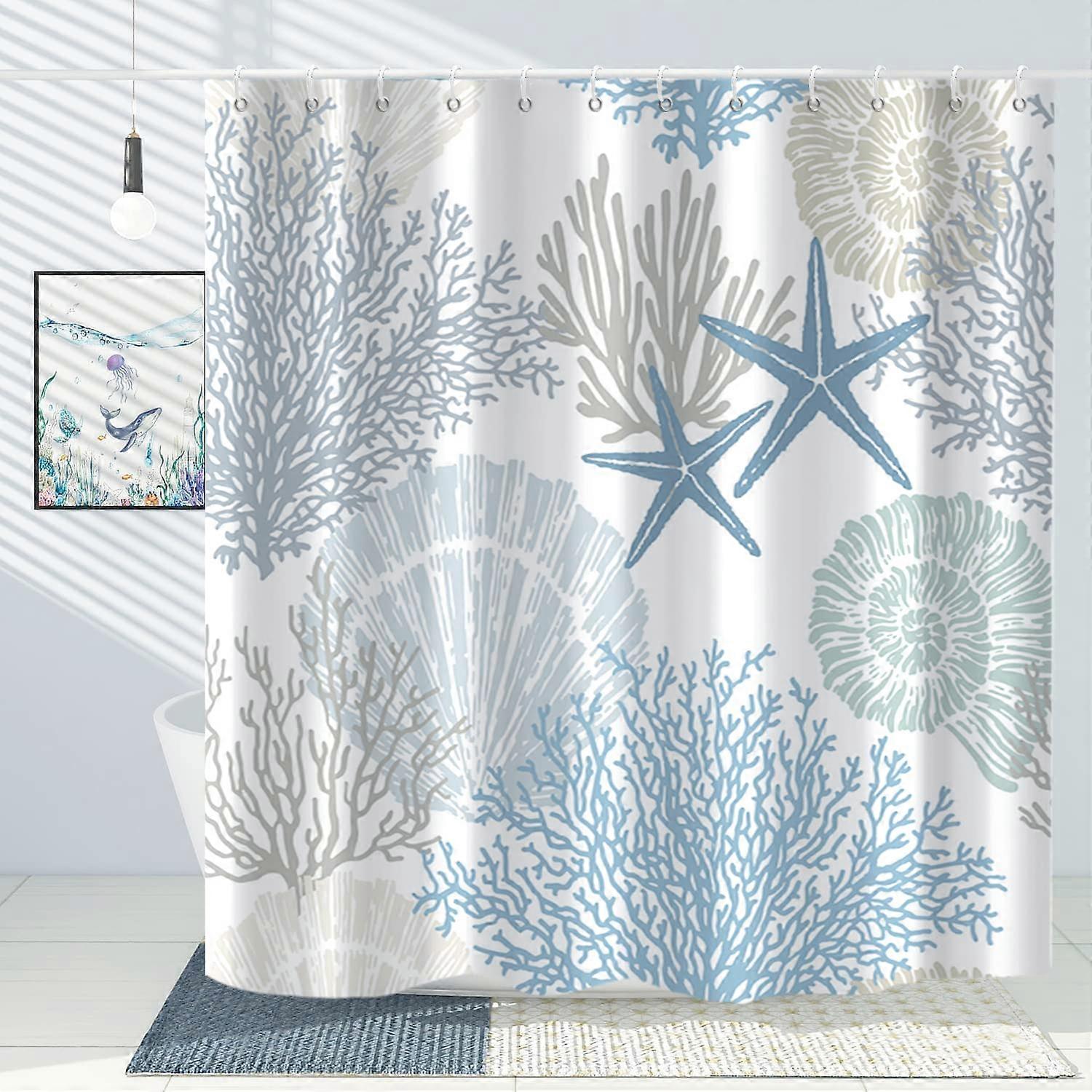 Nautical Beach Shower Curtain - Blue Ocean Seashell Starfish, Waterproof Fabric, Machine Washable, 72x72, With Hooks