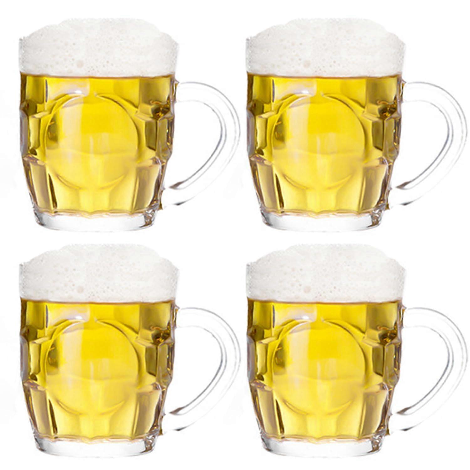 Dimple Stein Beer Mug Set of 4, 10 Oz Clear Glass Beer Mugs with Handle, Dishwasher and Freezer Safe, Sturdy Design