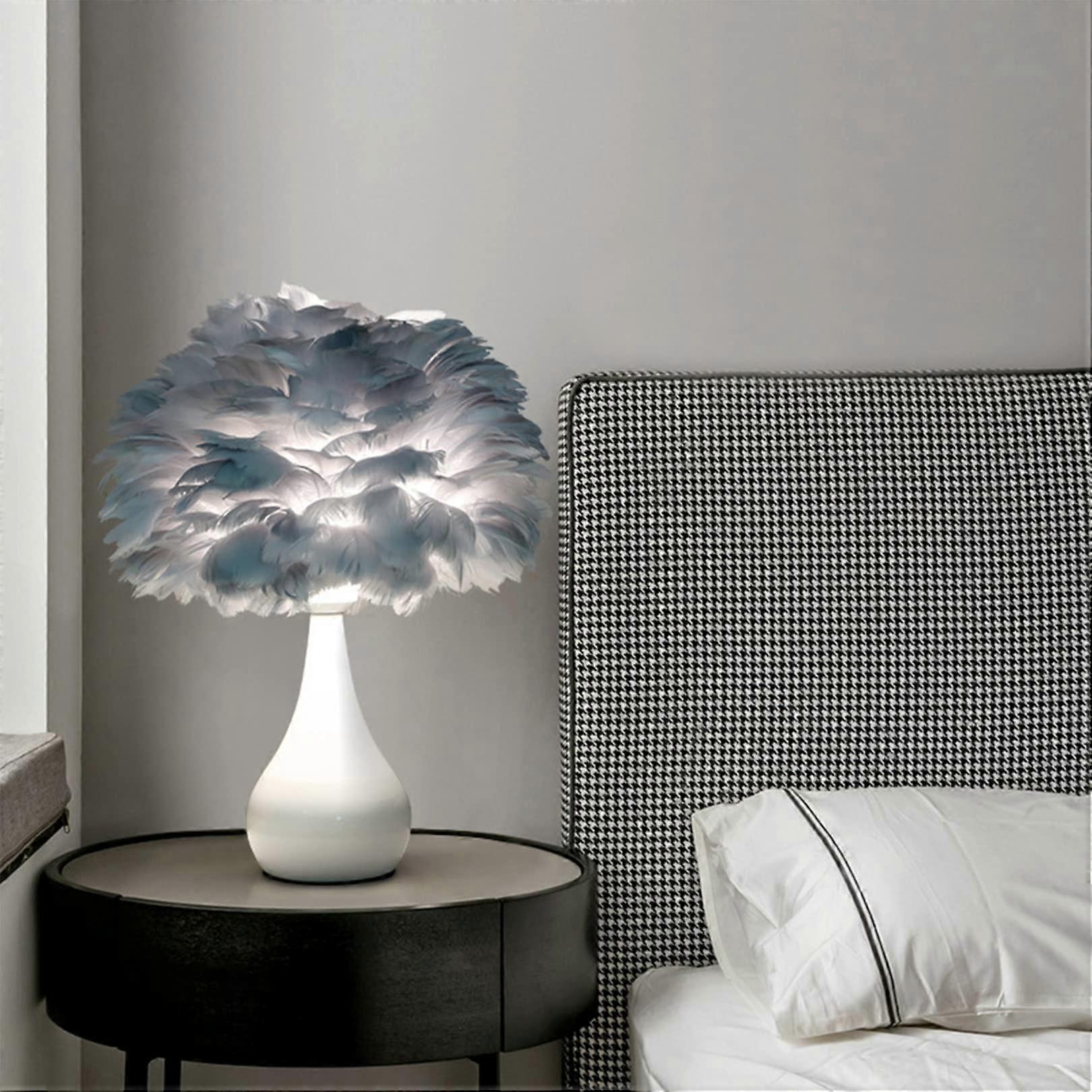 Real Feather Light Table Lamp with LED Night Shade, Soft White and Grey Feather Desk Lamp for Nursery and Bedroom Décor