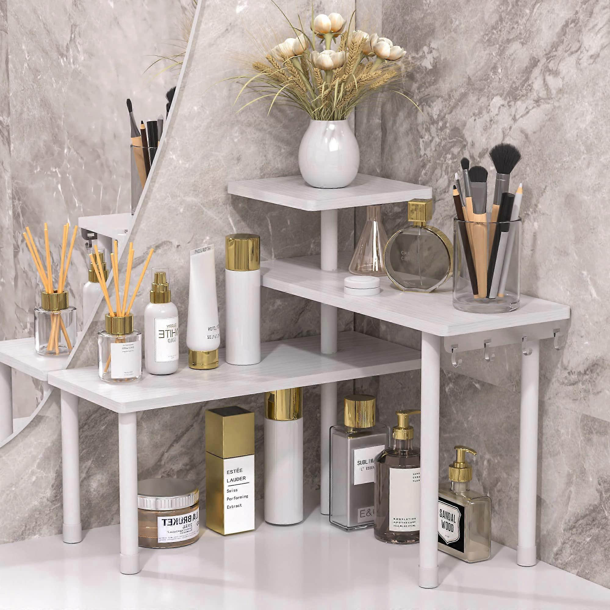 Bath Organizer Counter Corner Shelf - 3 Layer White Makeup and Dresser Desk Storage for Desktop Organization
