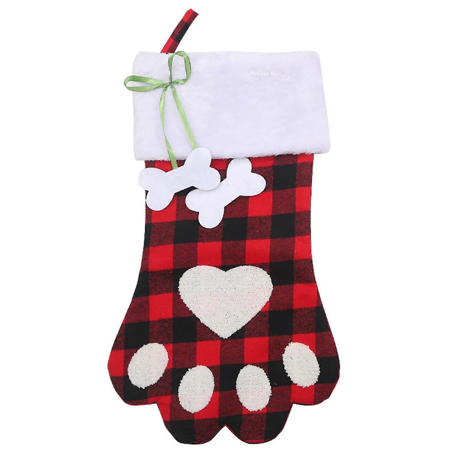 Large Christmas Stocking Checkered Dog Paw Shaped Stocking