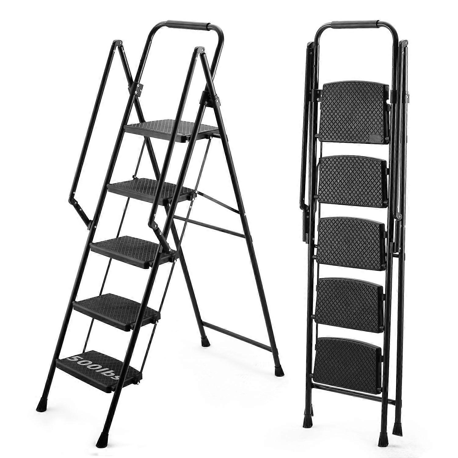 5 Step Ladder, 500 lbs Folding Step Stool with Handrails and Wide AntiSlip Pedal, Steel Ladder Home, Kitchen and Office (Black)