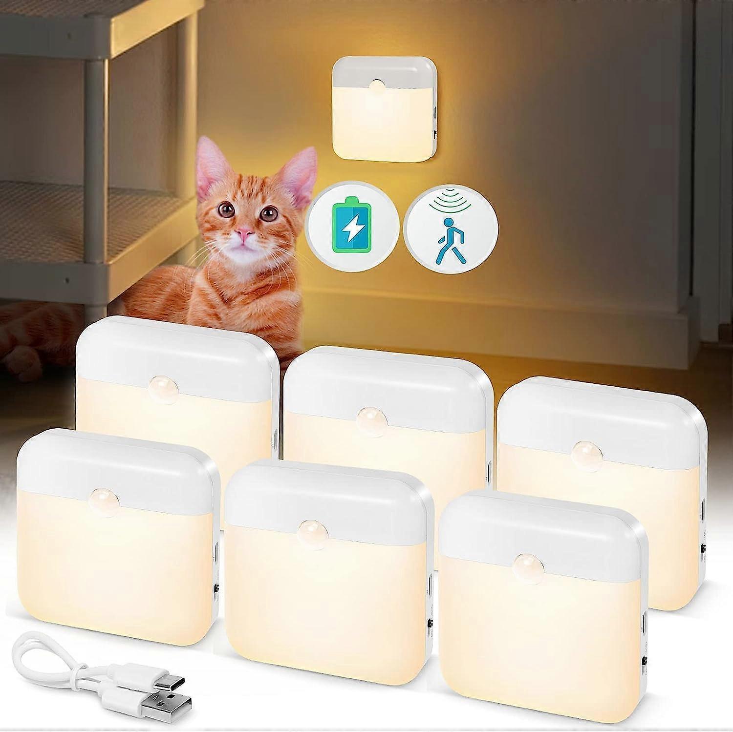 USB Rechargeable Battery Night Light Indoor,Stickon Motion Sensor Puck Night Lights, 6 pcs,2 Colors