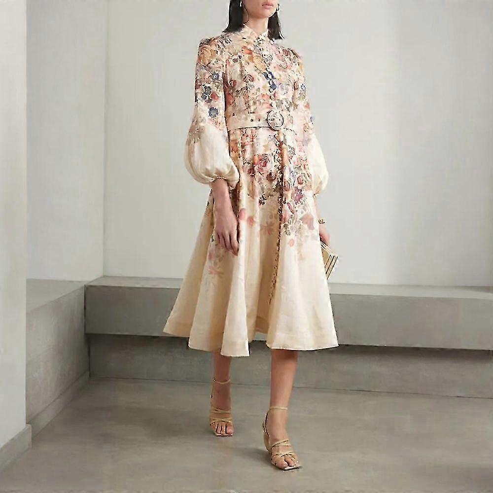 Zim Style Luminosity Bältad Tryckt Linne Midi Klänning