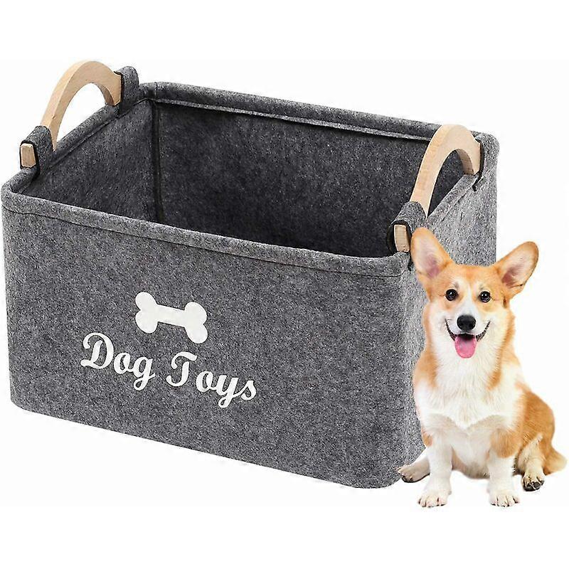 Felt Dog Toy Storage Box, Rectangular, with Wooden Handle, for Pet Toys (Gray)