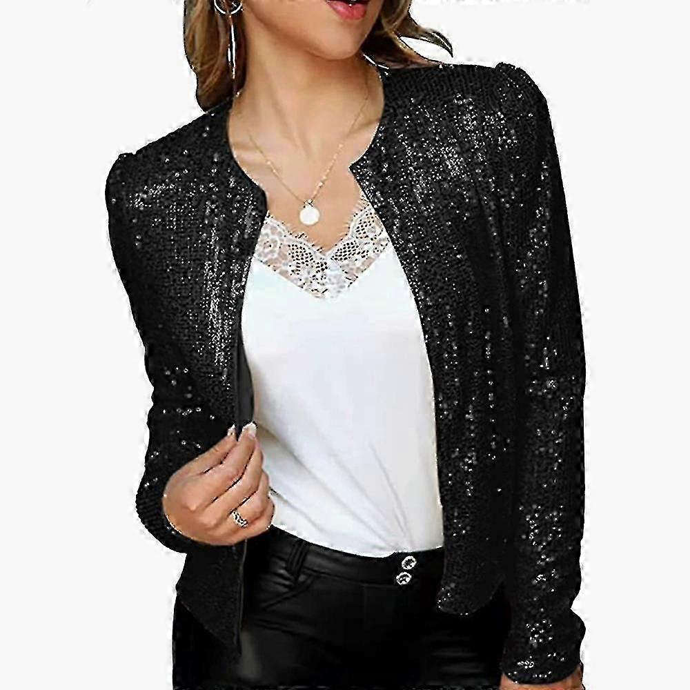 Women's Casual Open Front Sequin Glitter Long Sleeve Short Coat Jacket