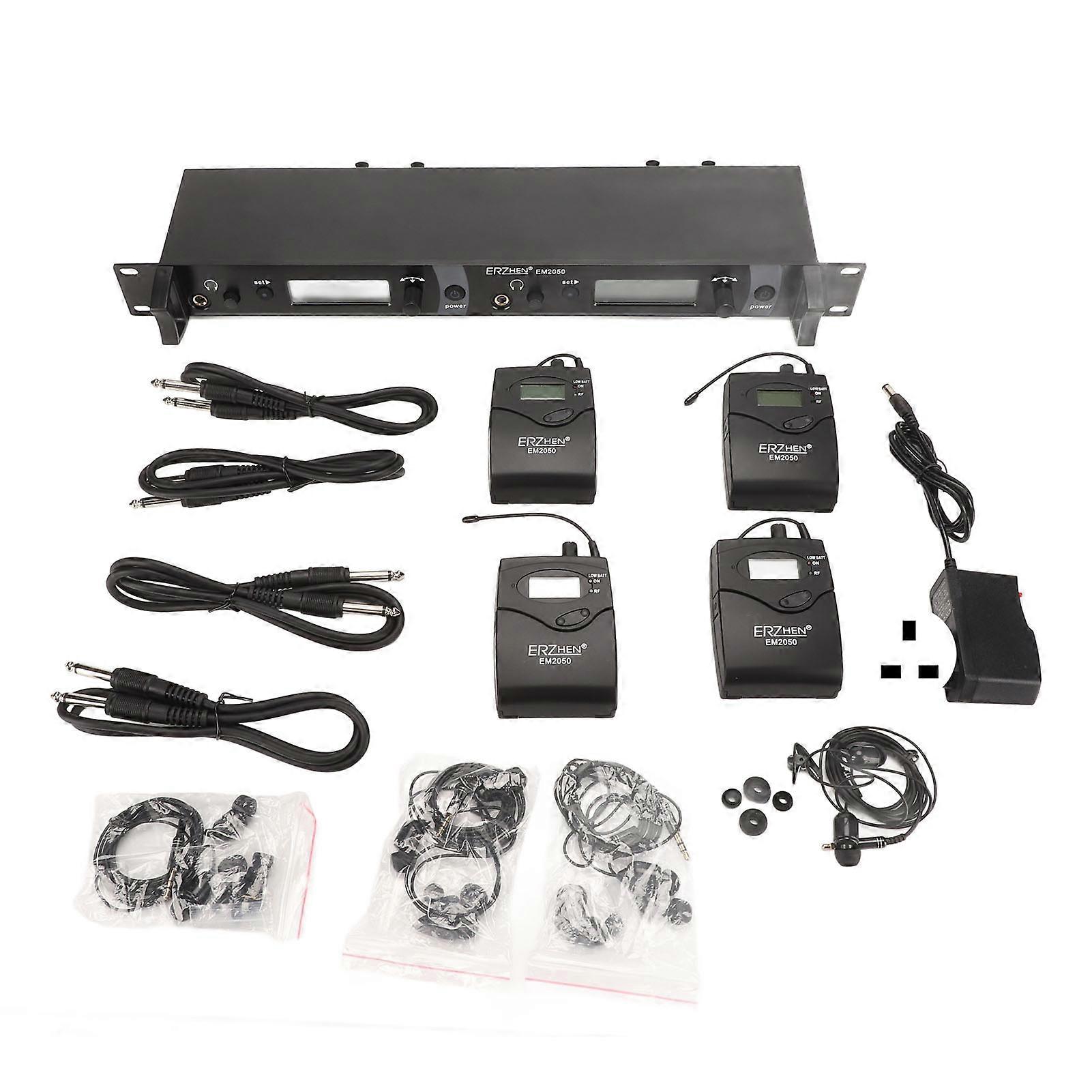Sistema di monitoraggio cuffie wireless a 2 canali, 4 trasmettitori da cintura, sistema di monitoraggio da palco UHF completamente in metallo per studio, spina UK 100-240V