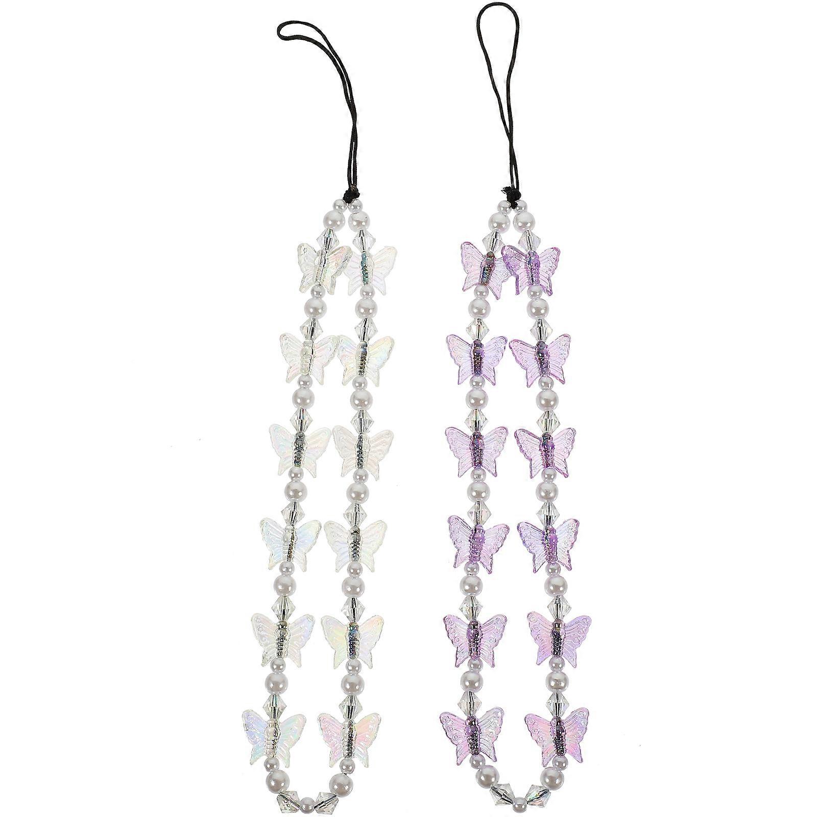 Cute Phone Charm Strap Beaded Butterfly Phone Chain Daily Use Assorted Color Anti-slip 2Pcs