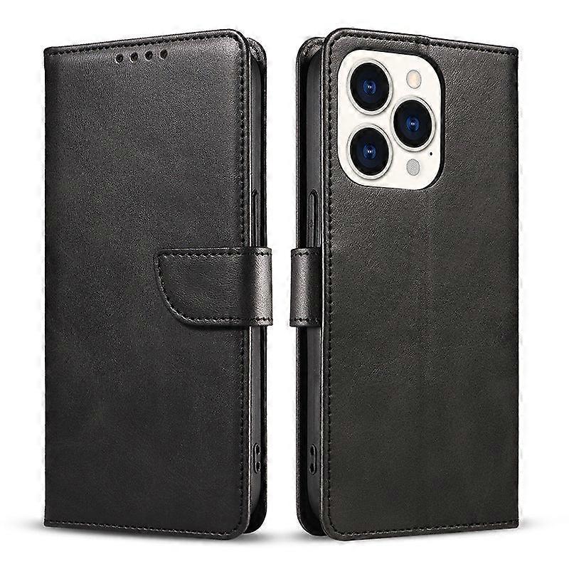 Case For Iphone 13 Black Leather Calf Pattern Flip Magnetic No3889