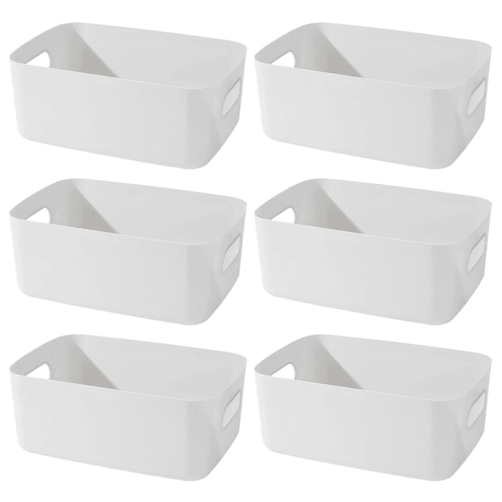 Pack of 6 Plastic Storage Boxes with Handles, Small White Organiser Baskets for Bathroom, 20 x 14 x 7.5 cm