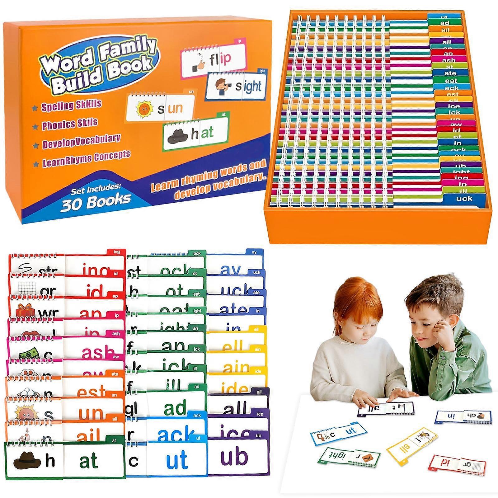 30 Read and Rhyme Flip Books with Sight Word Flash Cards, Word Family Activity Books, ABC Vocabulary Learning Cards for Kids