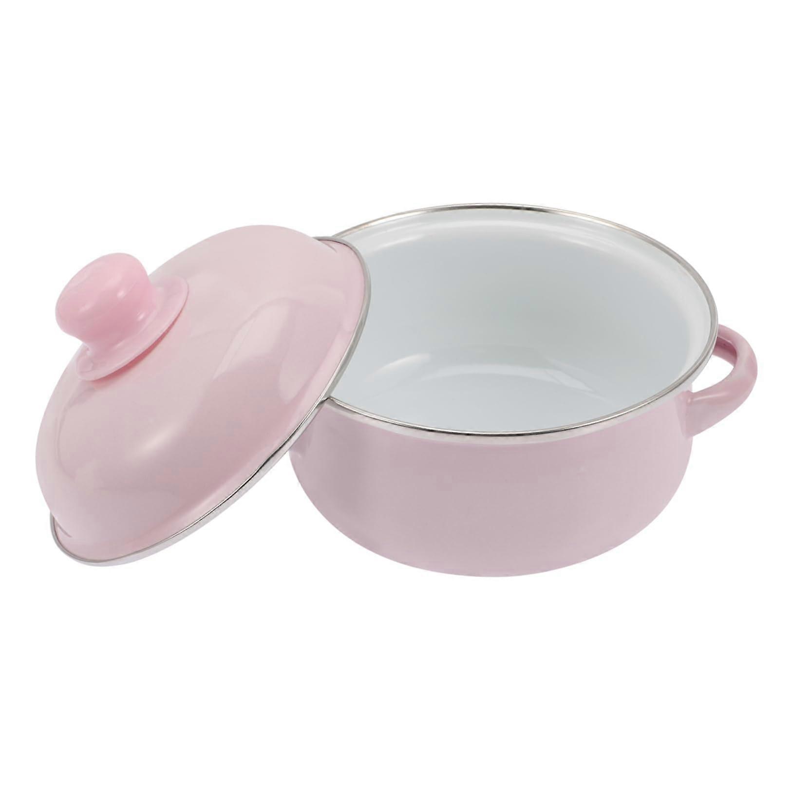 Doublehandle enamel soup pot with lid, sturdy cooking pot for soups and stews, energyefficient and durable.