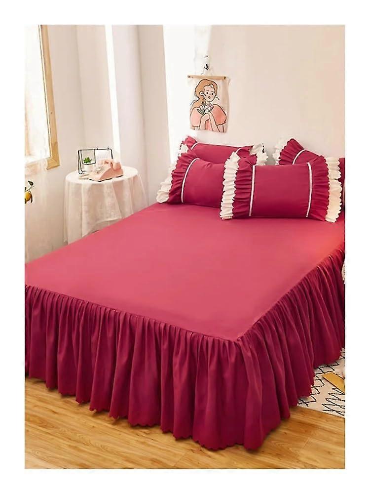 1 x solidcolor bed skirt with elastic pink fitted sheet (red, 150 x 200 cm)