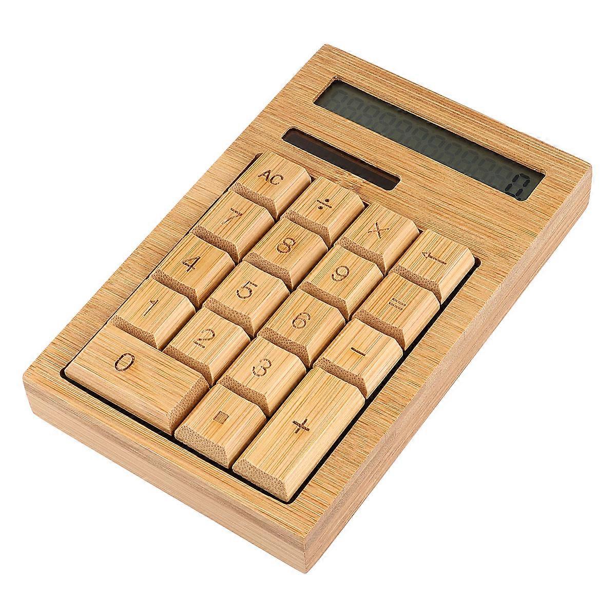 Portable Solar Calculator Light Brown Timber Material for Office and Travel Use 18Key Compact Design