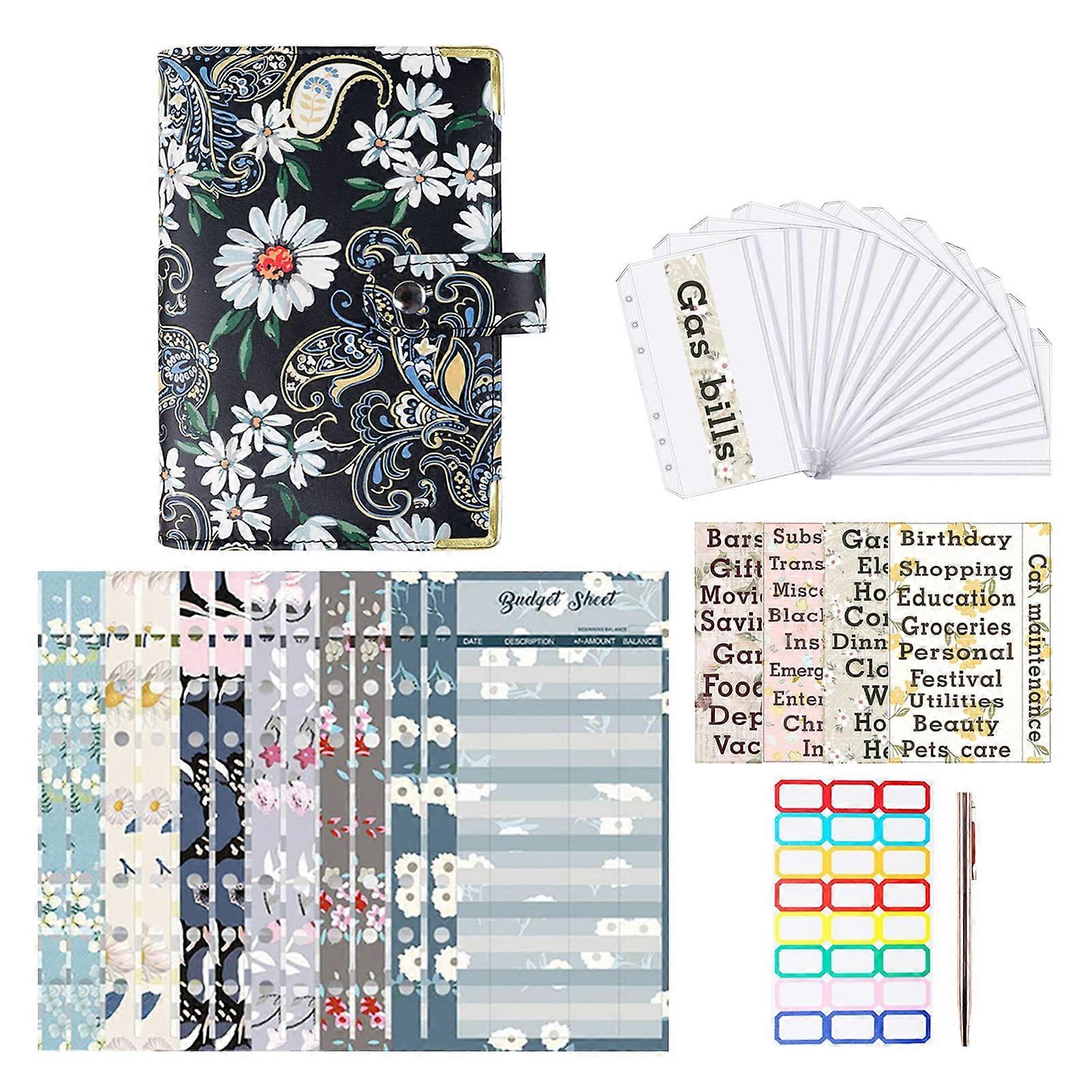 Notebook wallet with zippered envelopes, cash organizer with 12 expense sheets